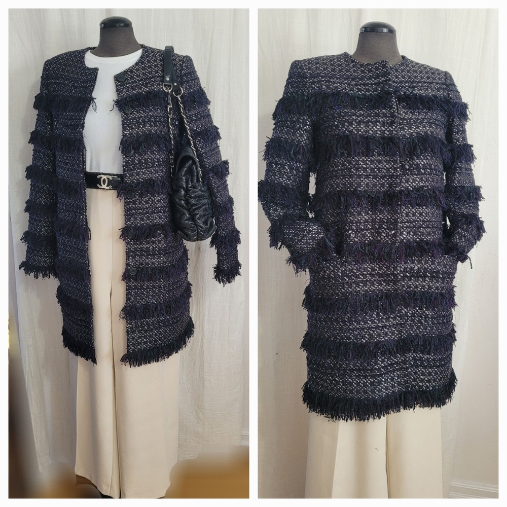 Club Monaco Navy Fringe Tweed Sweater Coat
